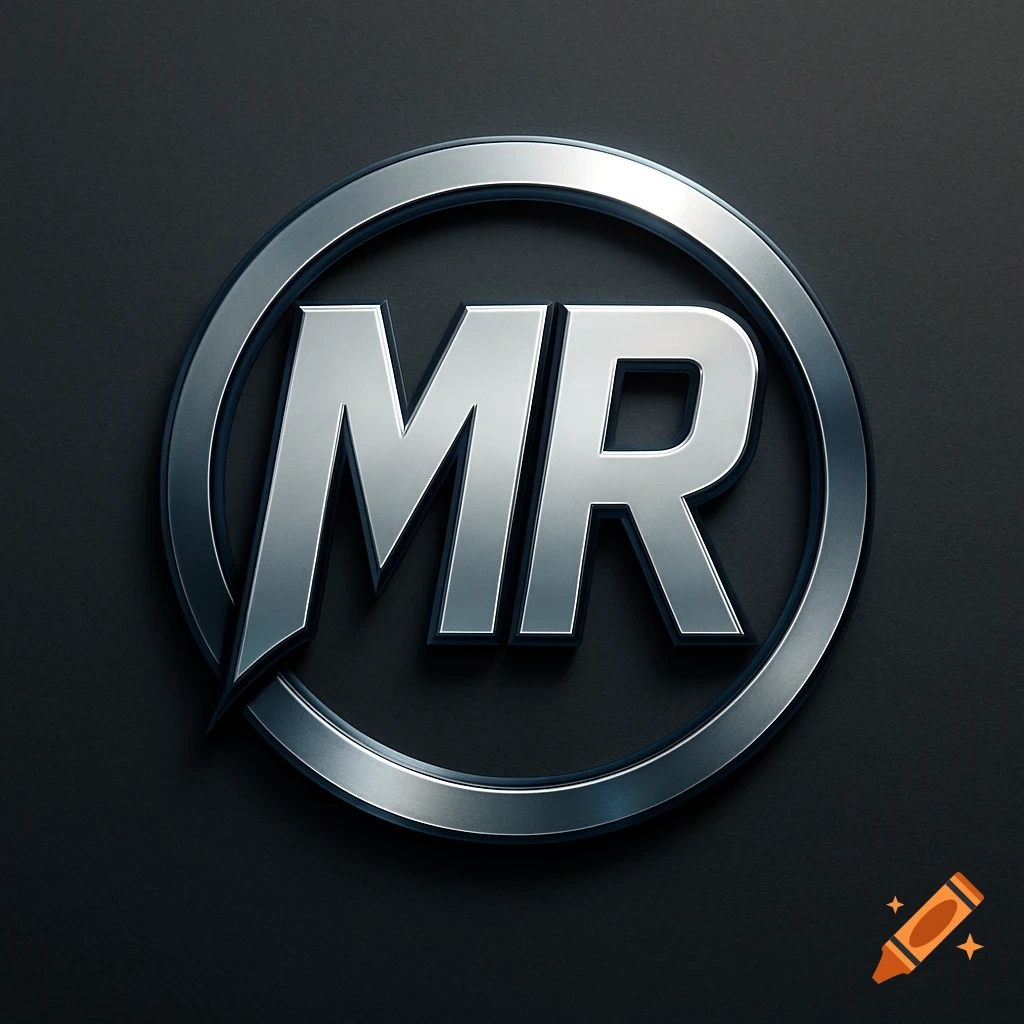 Silver metallic logo with the letters MR inside a circular ring, styled like the Avengers logo.