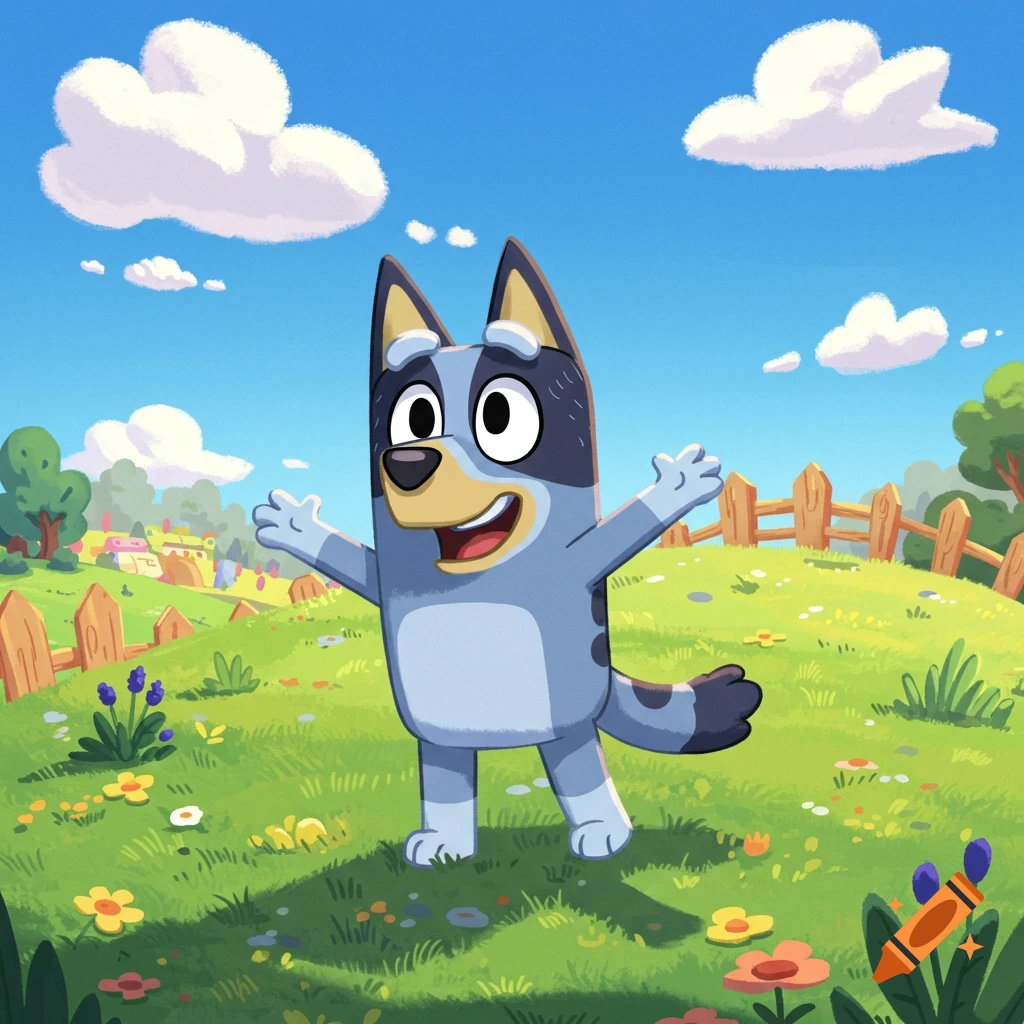 Bluey, a blue dog cartoon character, stands with arms outstretched in a sunny green field with flowers and a blue sky.