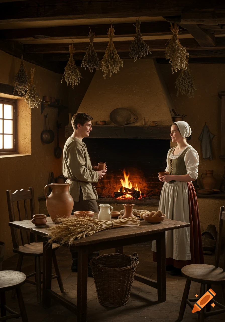 A man and woman in period clothing chat in a rustic farm kitchen by a crackling fireplace.