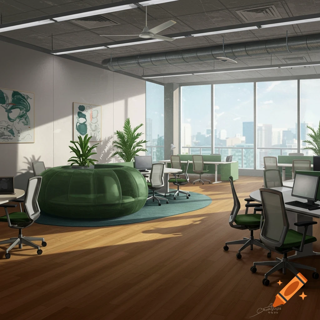 A bright, modern open-plan office with large windows overlooking a city, green chairs, a circular green sofa, and potted plants.