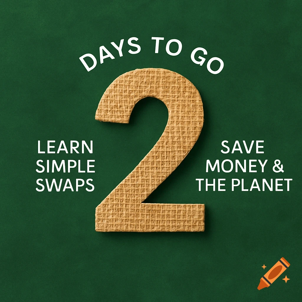 A clean social media graphic with a large, textured number 2 on a green background. Text reads 'DAYS TO GO', 'LEARN SIMPLE SWAPS', and 'SAVE MONEY & THE PLANET'.