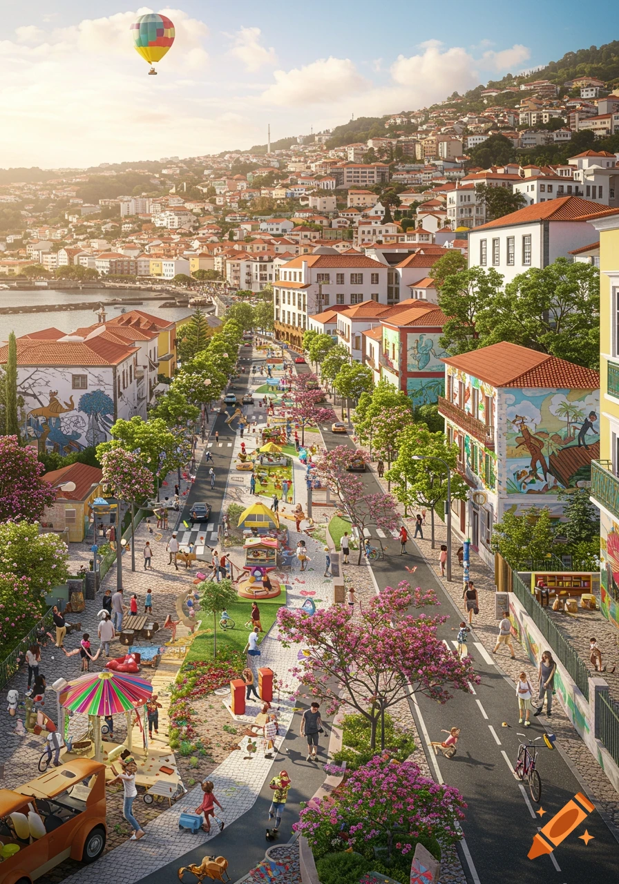 A vibrant, high-angle illustration of a bustling, child-friendly city with colorful buildings, parks, playgrounds, and people playing.