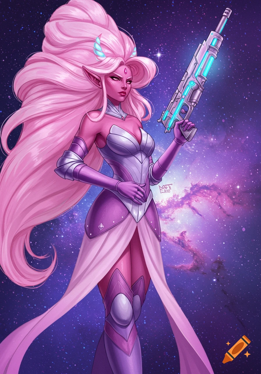 A pink-skinned, pink-haired goddess-like alien woman in armor holds a glowing blue futuristic gun against a vibrant galaxy background.