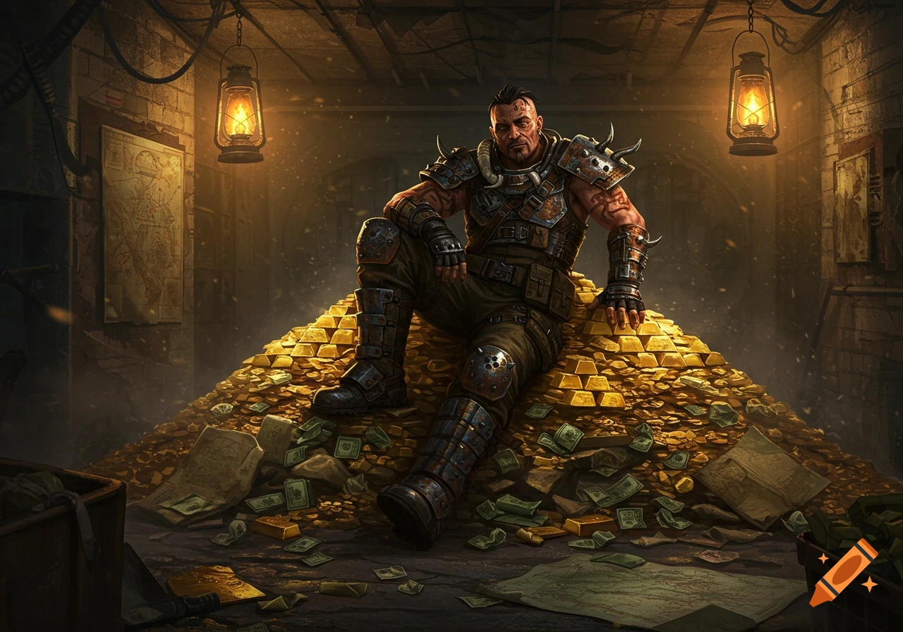A rugged post-apocalyptic raider in detailed armor sits on a huge pile of gold bars and money in a dimly lit bunker.