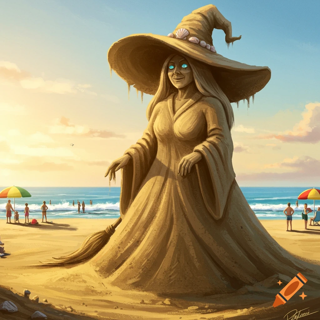 A giant sand sculpture of a witch with glowing blue eyes, a seashell-adorned hat, and a broom, stands on a sunny beach with people and umbrellas.