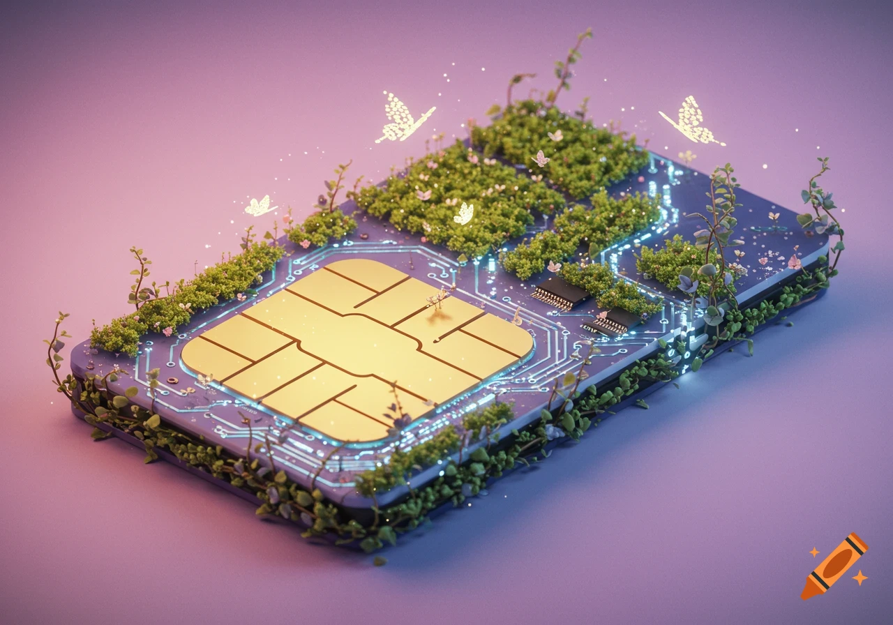 A fantastical SIM card adorned with lush green plants, glowing blue circuits, and small flowers, with butterflies hovering above.