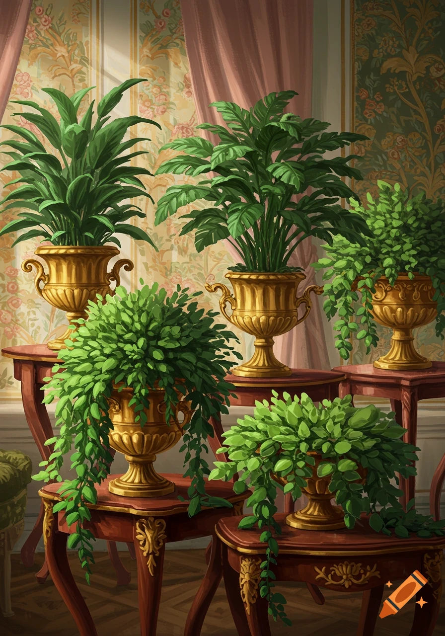 Rococo style painting of several lush green houseplants in ornate golden urns on wooden tables.