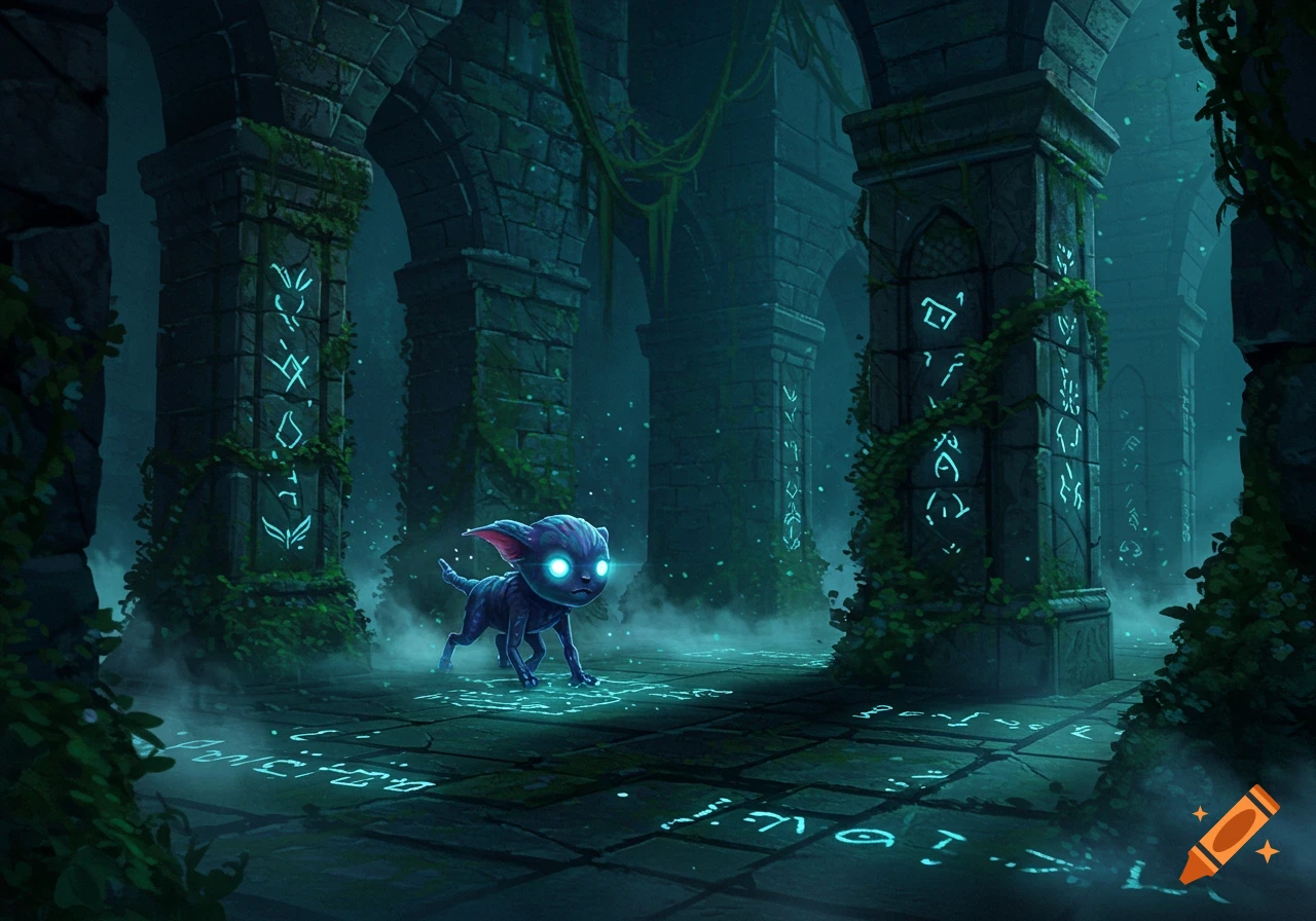A small, glowing-eyed, eerie creature walks through a dark, moss-covered ancient ruin with glowing runes on pillars and the floor.
