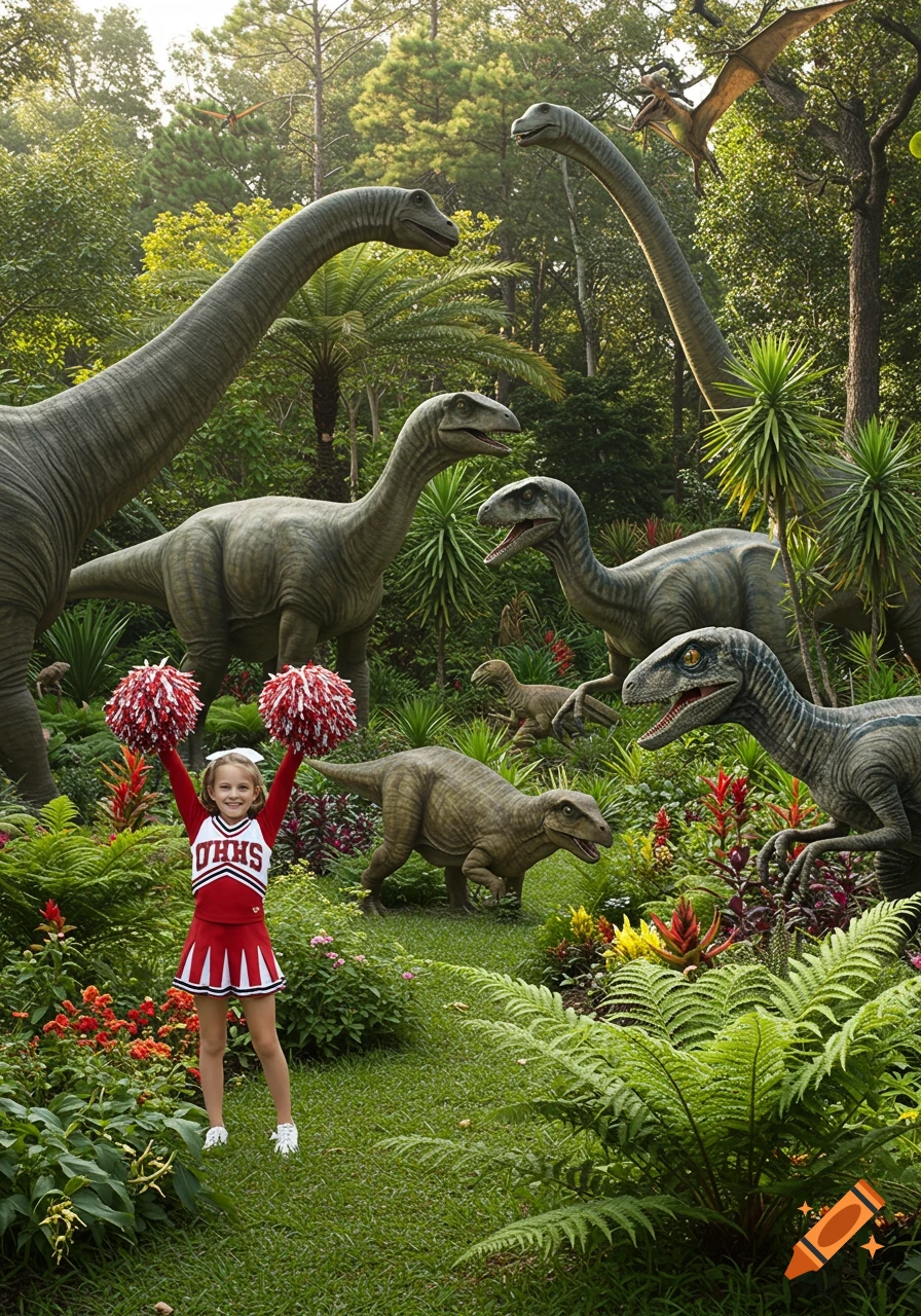 A young girl in a red cheerleader uniform holds pom-poms in a lush, green garden surrounded by large dinosaur statues.