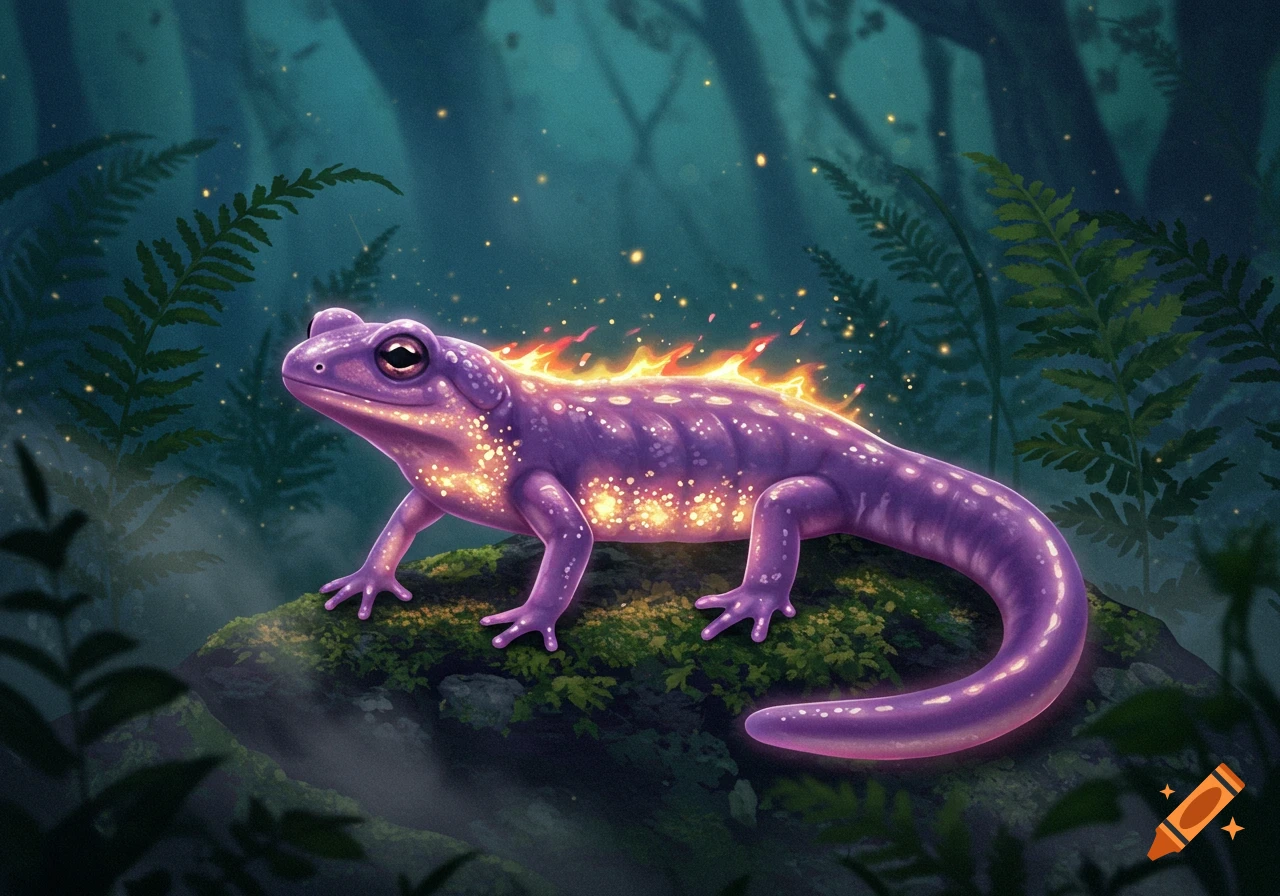 A vibrant purple salamander with glowing golden spots and a fiery ridge on its back, sitting on a mossy log in a dark forest.