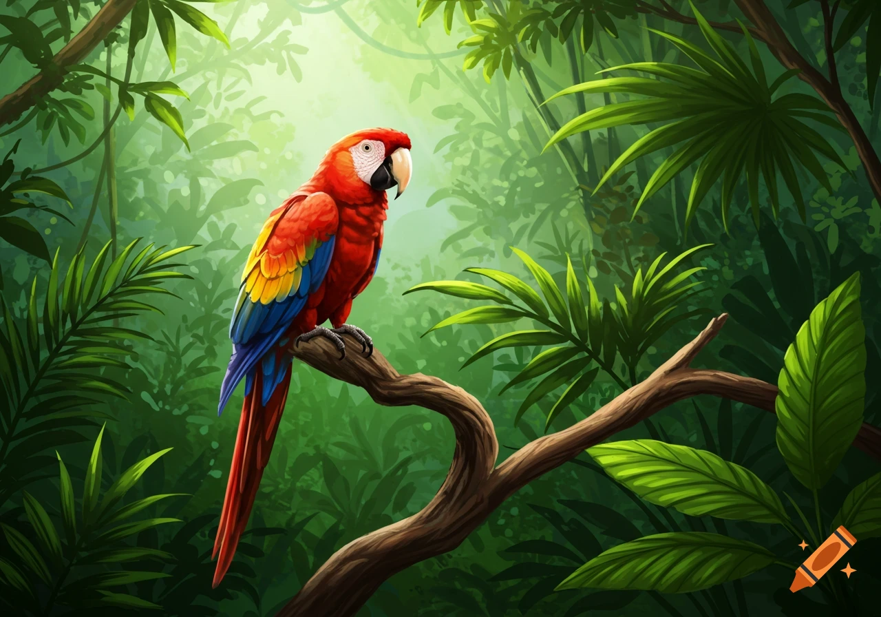 A vibrant red, yellow, and blue macaw perched on a brown branch in a lush, green jungle.