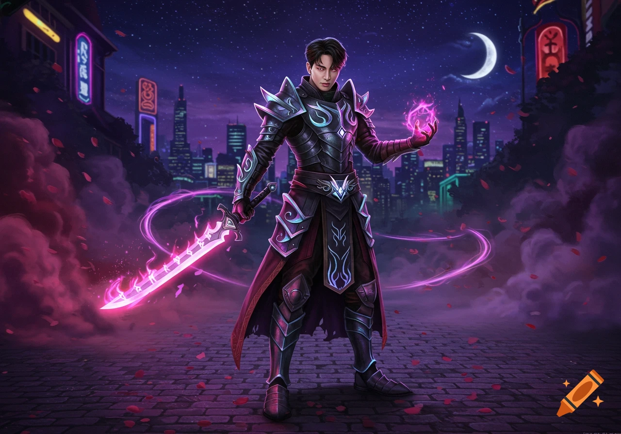 Male fantasy warrior in dark armor with glowing purple accents, holding a glowing sword and magic orb on a city street at night.