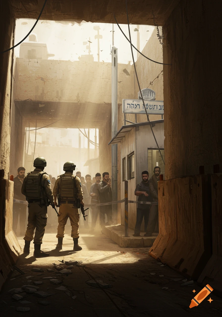 Two soldiers stand guard at a dusty checkpoint in a sunlit alley with civilians queuing behind a barrier in a photorealistic style.