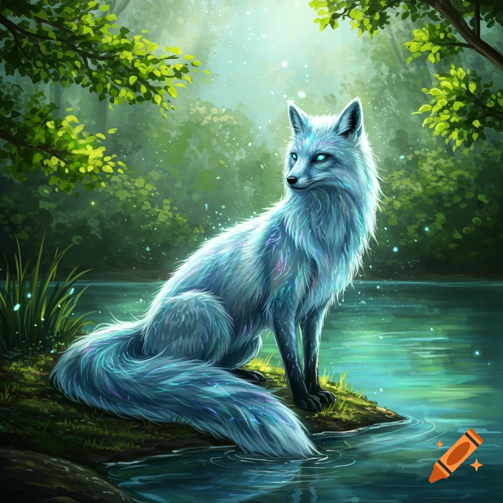 A luminous blue and purple fantasy fox sits by a mystical glowing pond in a vibrant green forest, looking magical.