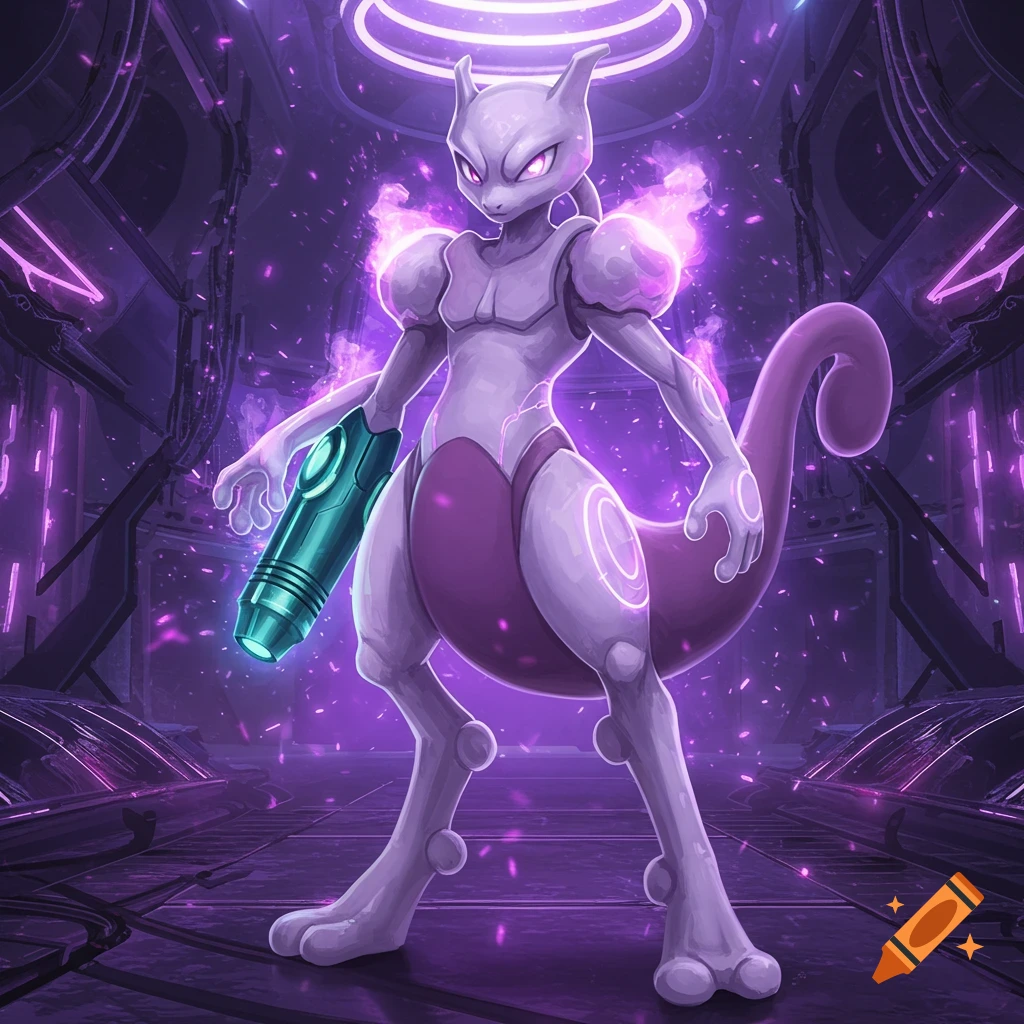Light purple Mewtwo with a green glowing arm cannon stands in a dark, futuristic, purple-lit chamber.