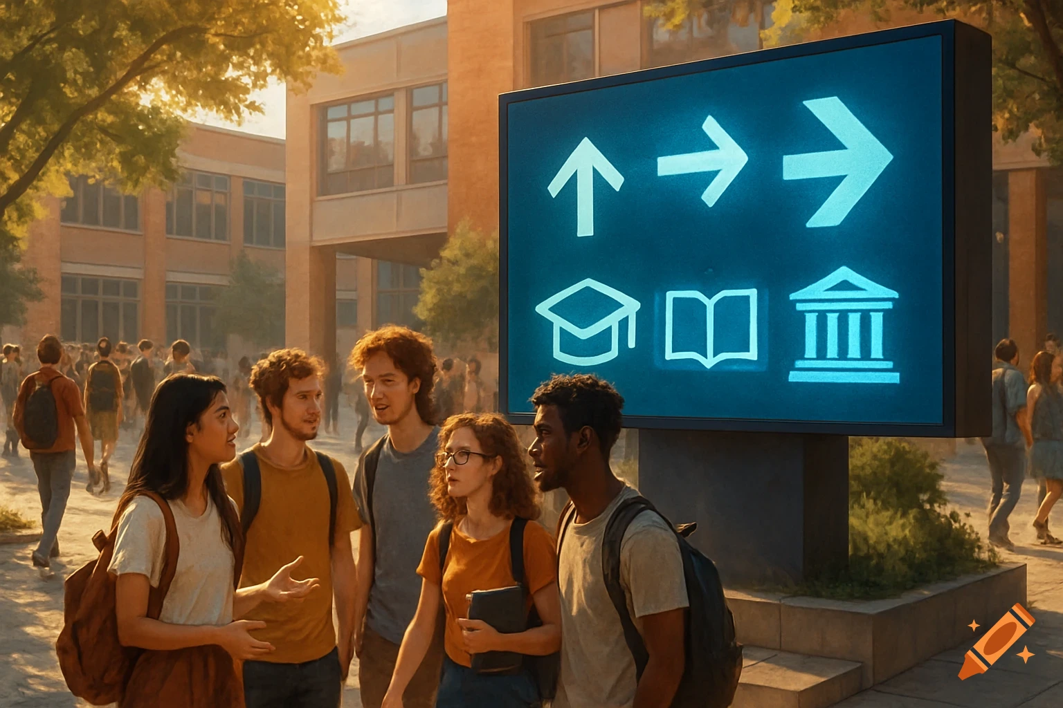 A diverse group of students stands near a glowing digital wayfinding display on a sunny university campus.
