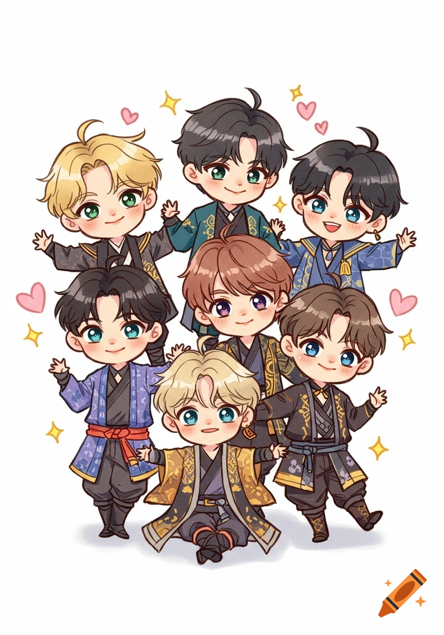 Seven cute chibi anime-style characters in colorful traditional outfits, posing together on a white background with hearts and sparkles.