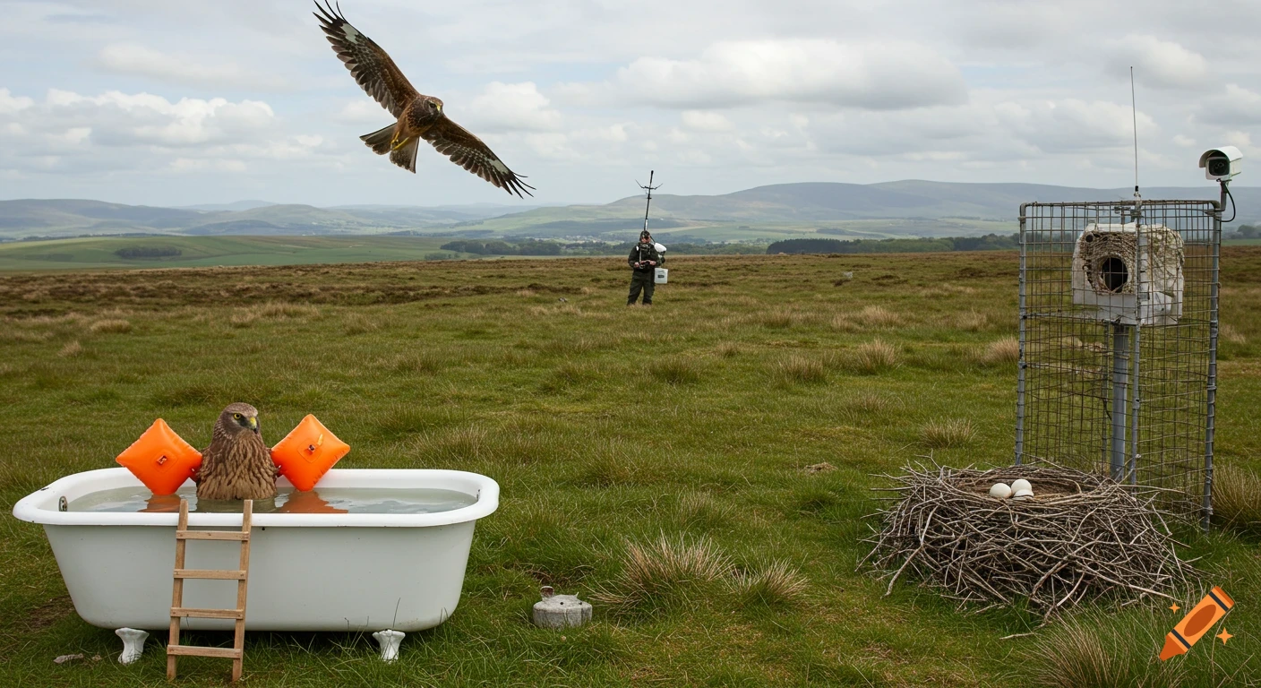 Photorealistic image of a Harrier in a bathtub with armbands, another flying, a nest, and a person with a remote control in a grassy landscape.