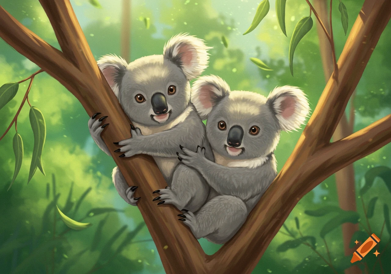 Two cute baby koalas with big eyes sit in a brown tree branch surrounded by green eucalyptus leaves in an illustration.