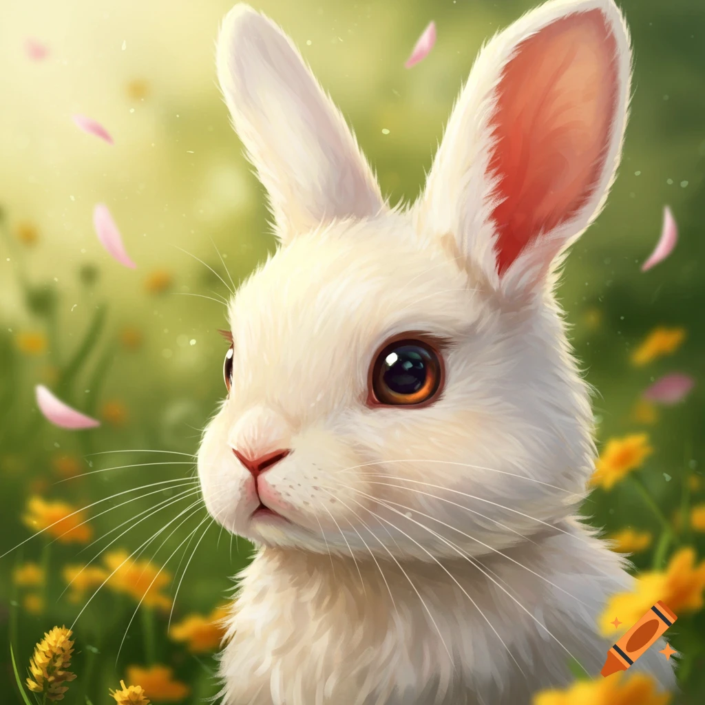 A fluffy white bunny with large brown eyes sits in a field of yellow flowers and falling pink petals.