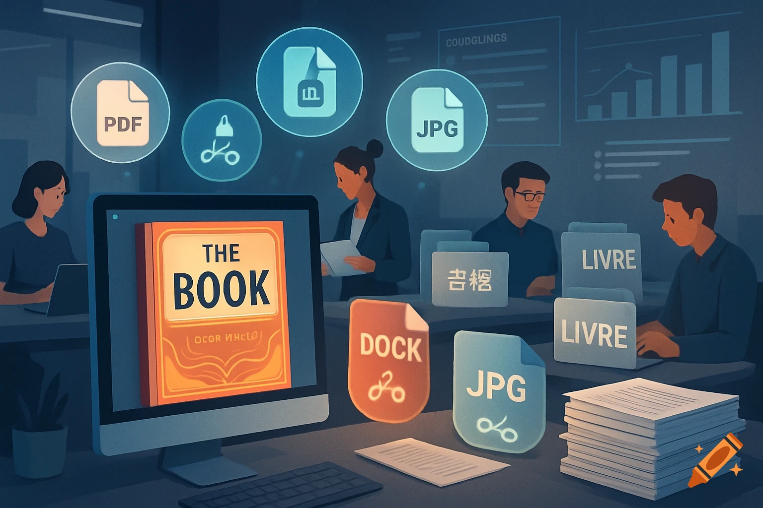 Illustration of an office with people working on computers and files, featuring icons like PDF, JPG, and a book titled 'THE BOOK' on a monitor.