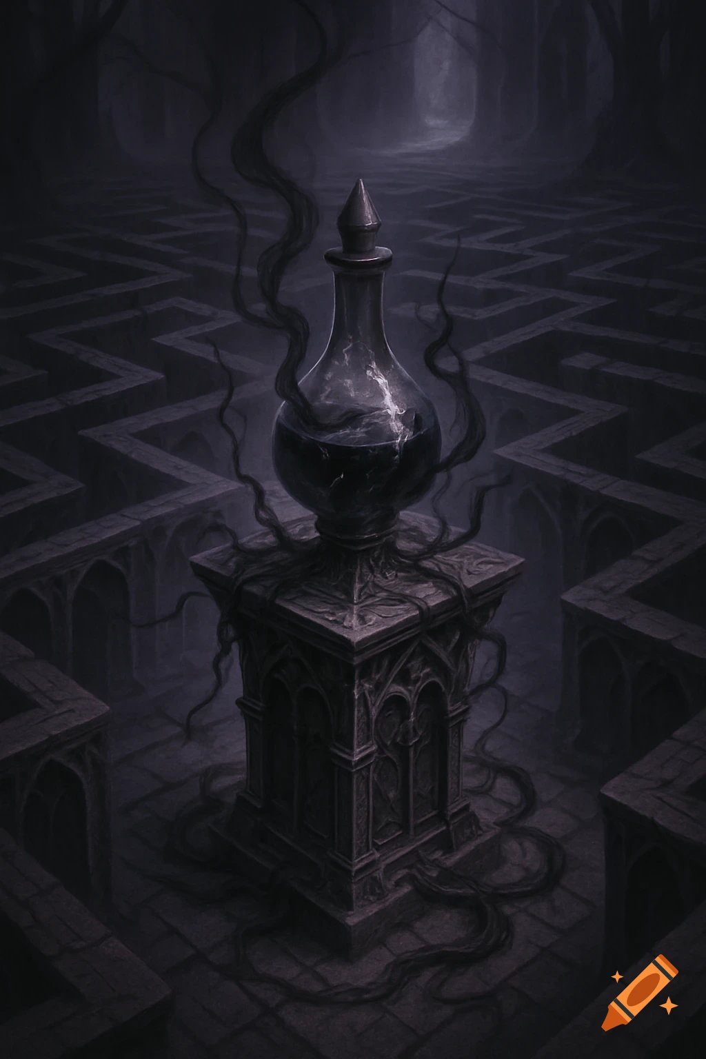 An eerie potion bottle with dark liquid and tendrils sits on a gothic pedestal in a dark labyrinth, dark fantasy art.