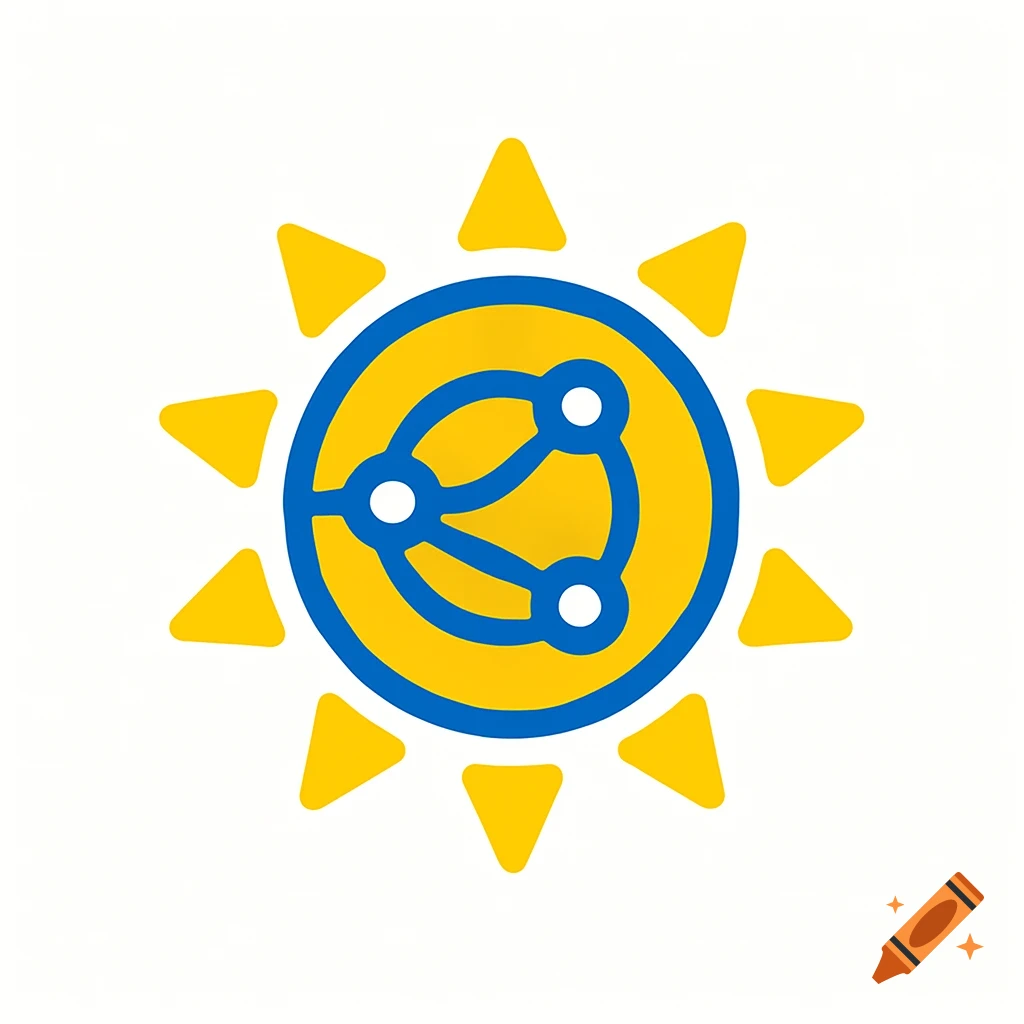 A minimalist logo combining a yellow sun with blue network nodes inside, on a white background.