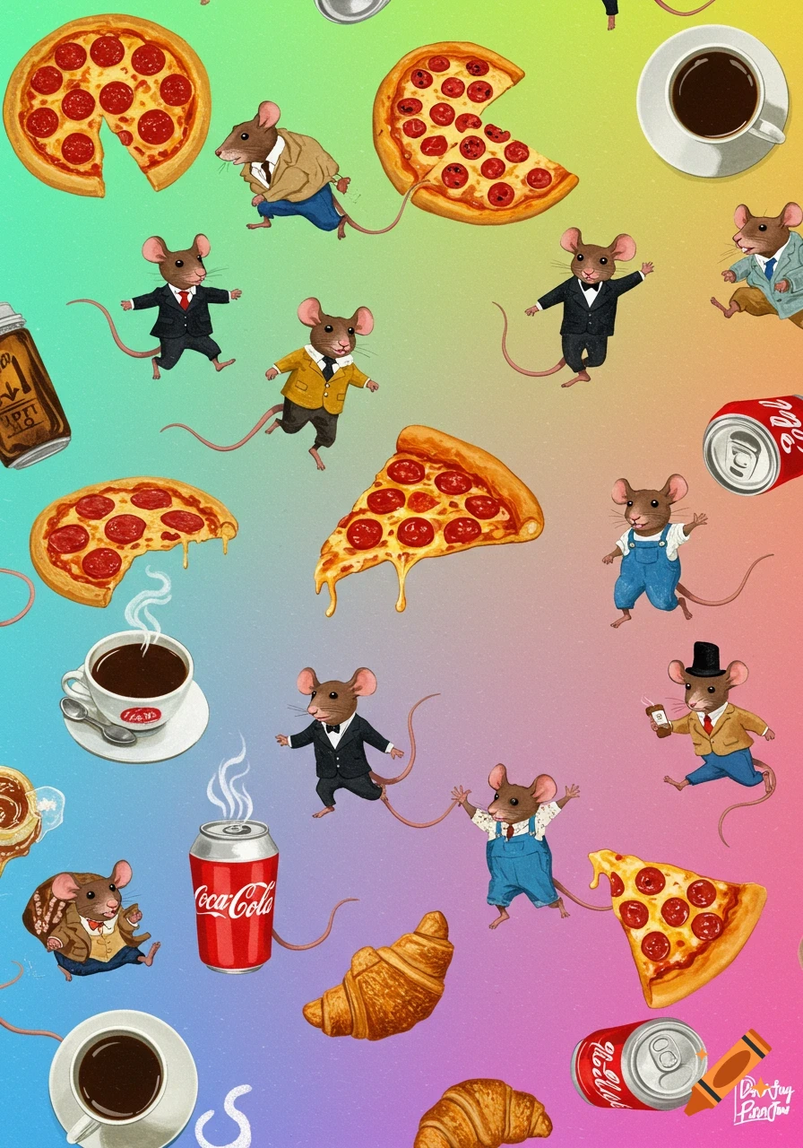 A colorful, whimsical pattern features cartoon mice in various clothes, pizza slices, croissants, coffee cups, and soda cans on a gradient background.