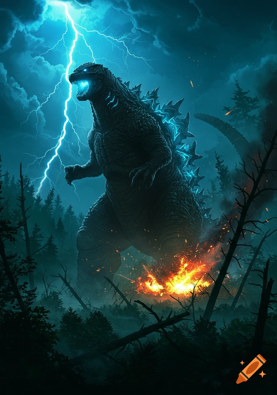 Godzilla, illuminated by lightning, roars in a burning dark forest at night, digital art.