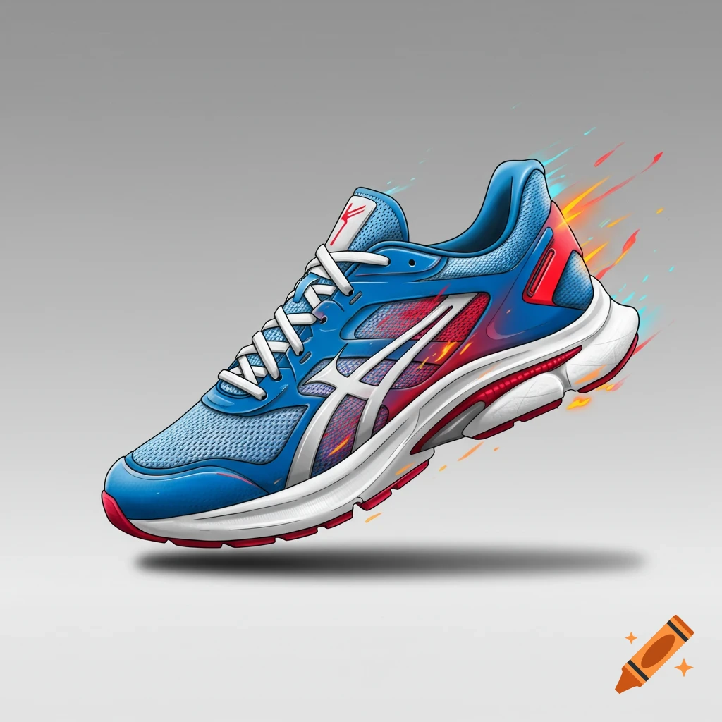 Illustration of a blue, red, and white running shoe with dynamic speed effects against a grey background.