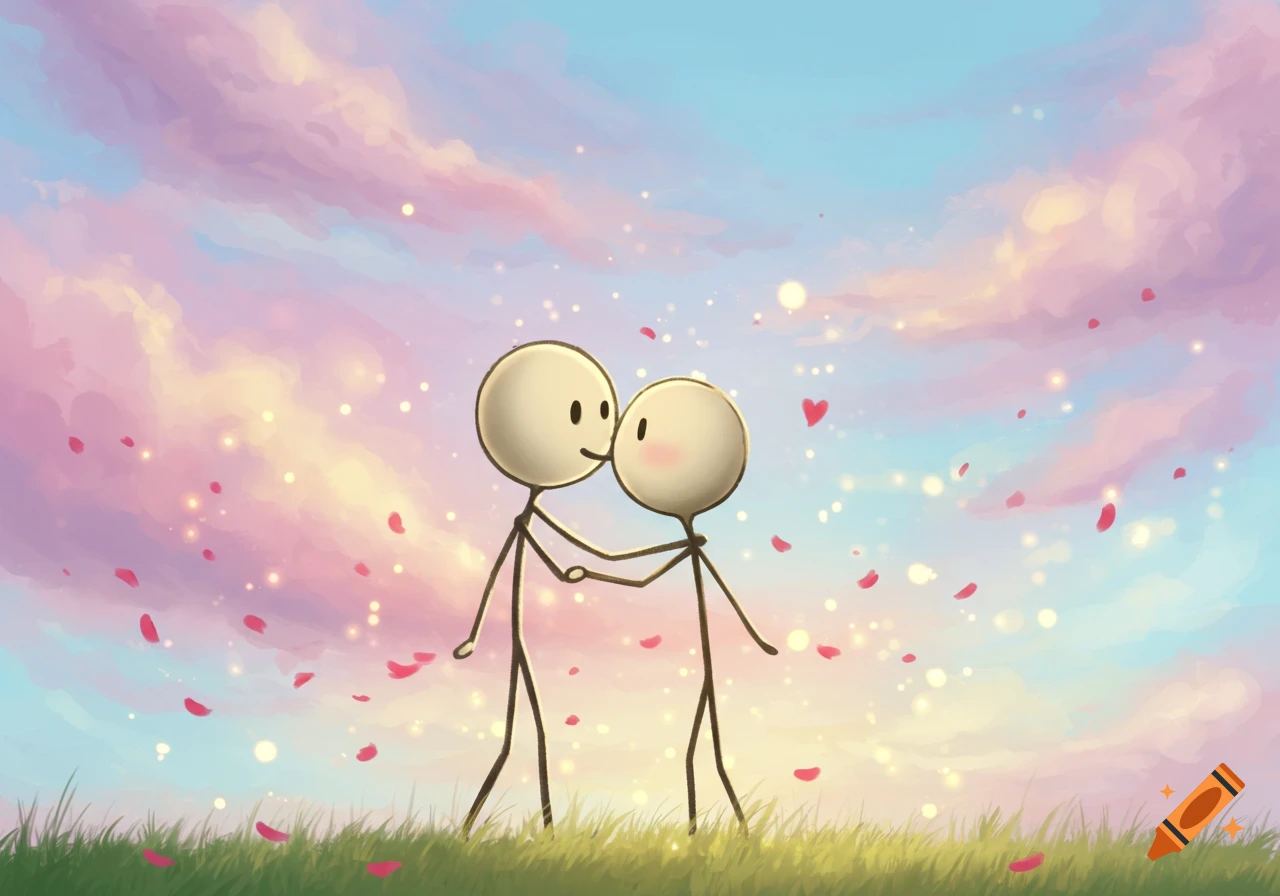Two stick figures about to kiss in a dreamy, colorful sky with falling petals and sparkling lights.