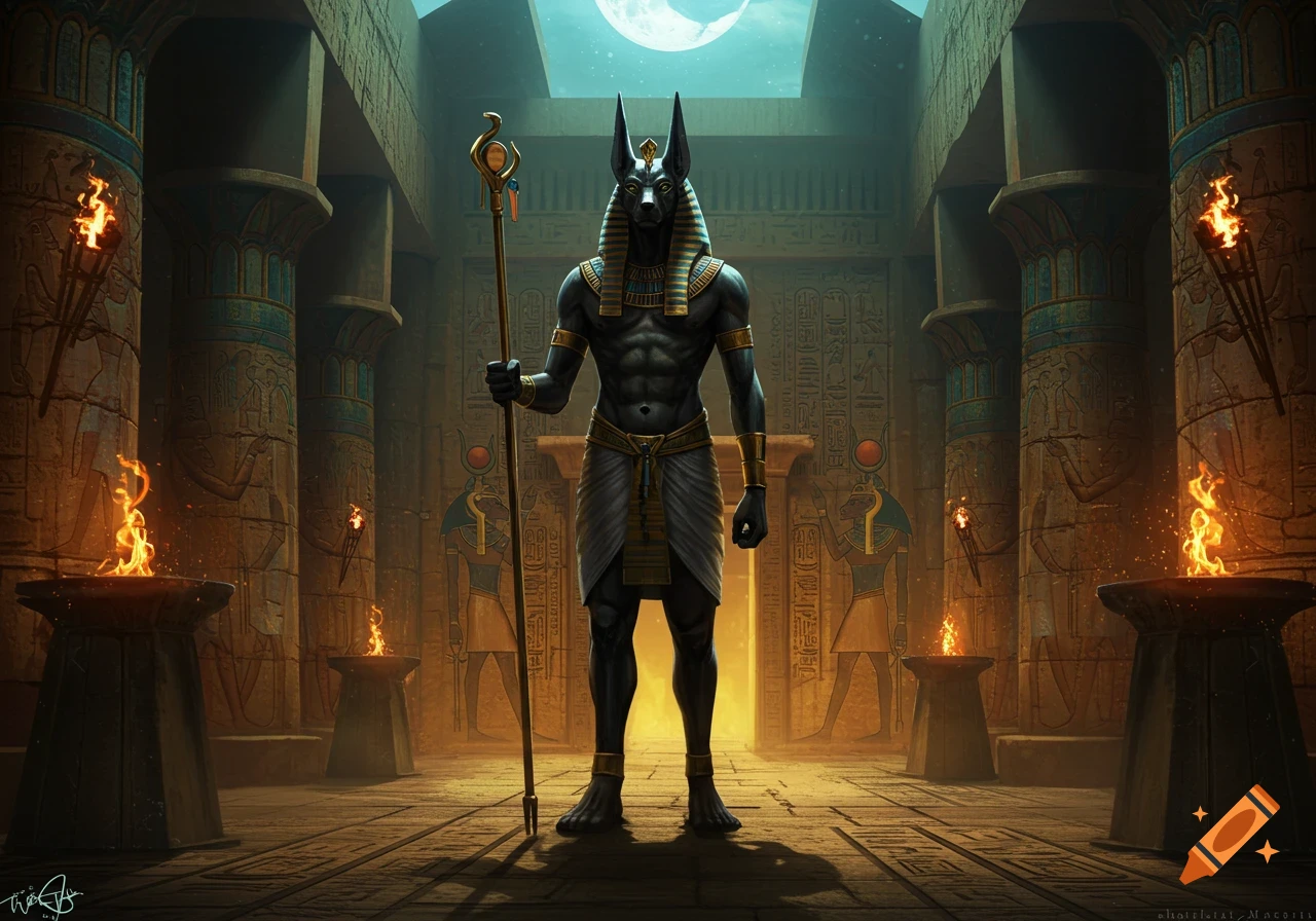Anubis, the jackal-headed Egyptian god, stands with a staff in a torch-lit ancient temple under a full moon.