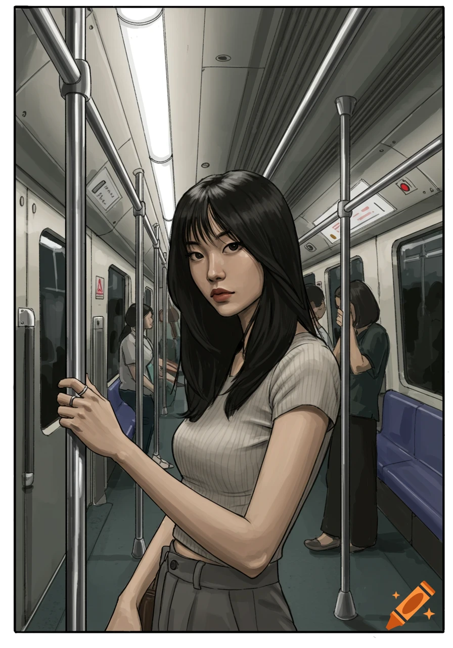 An Asian woman with long black hair stands in a subway car, holding a handrail, in an illustrative style.