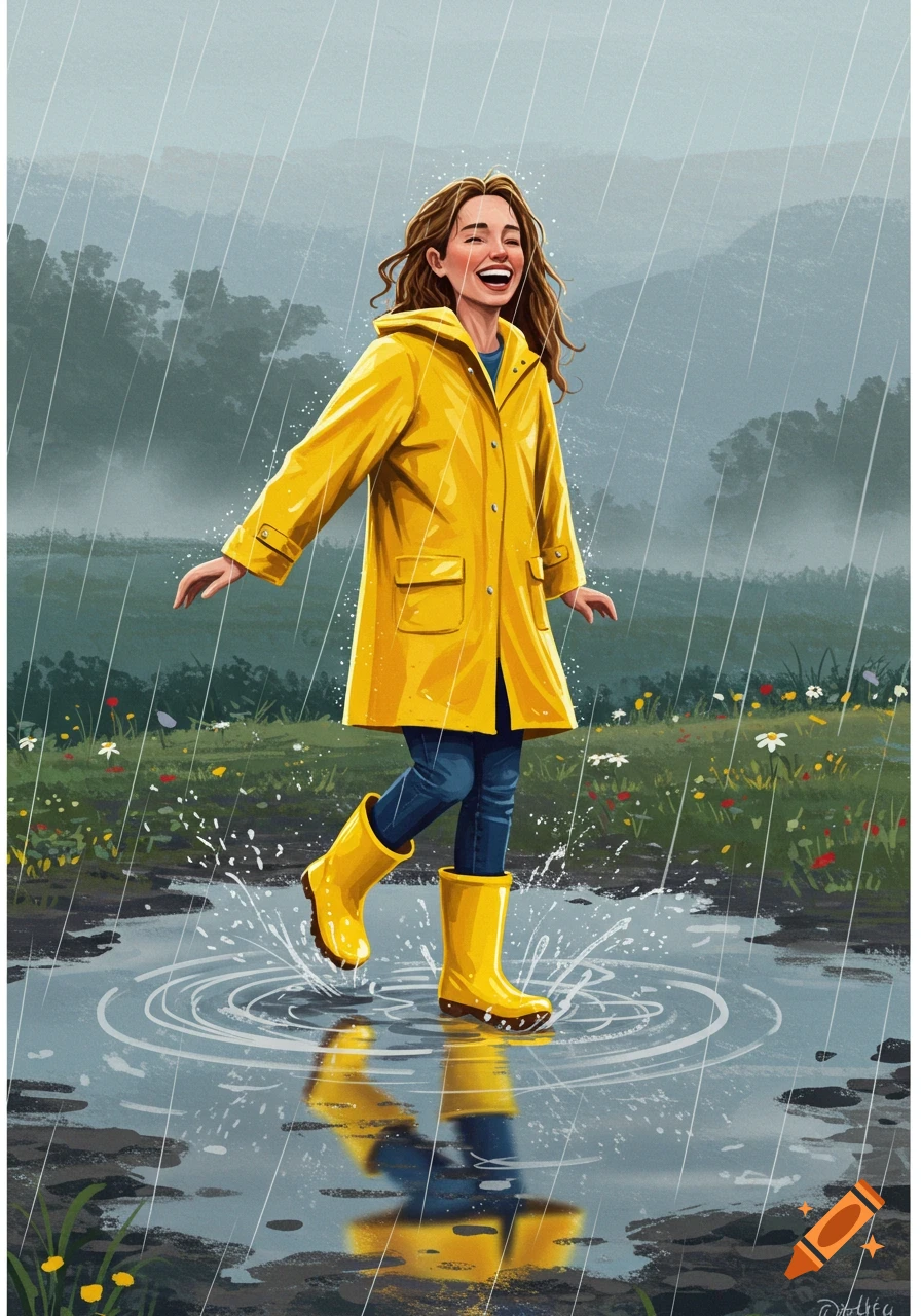A happy woman in a yellow raincoat and boots splashes in a muddy puddle in a field of wildflowers during a rainy day. Illustration.