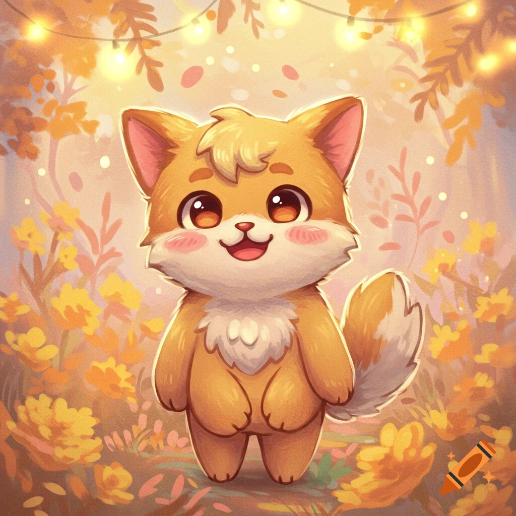 A charming, big-eyed cartoon fox with orange fur smiles in a whimsical autumn forest with glowing lights, illustrated.