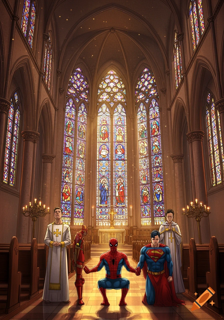 Spider-Man, Superman, Iron Man, and priests in a grand Gothic church with vibrant stained glass windows, comic art style.
