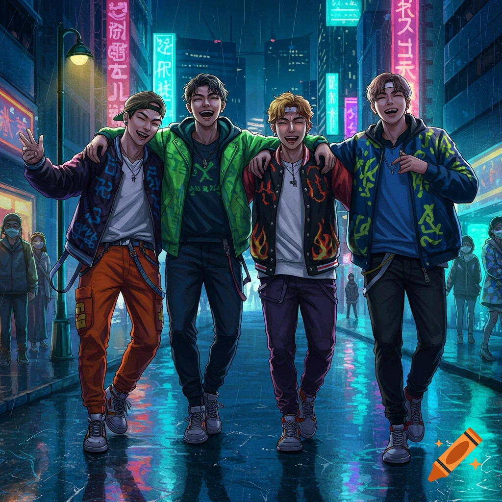 Four young men walk arm-in-arm down a wet, neon-lit city street at night in an anime style.