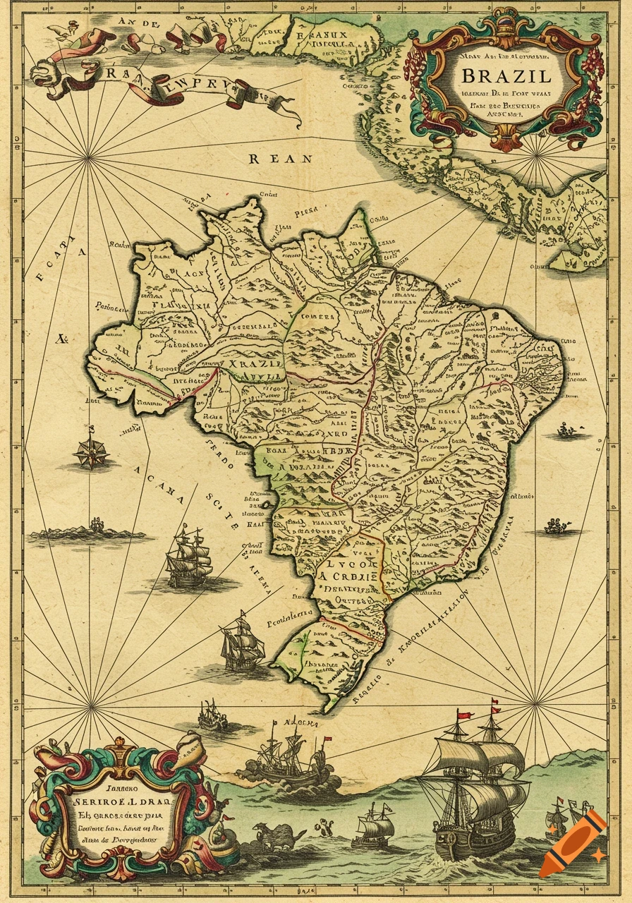 An antique-style map depicting Brazil with decorative cartouches, sailing ships, and a compass rose on an aged parchment background.