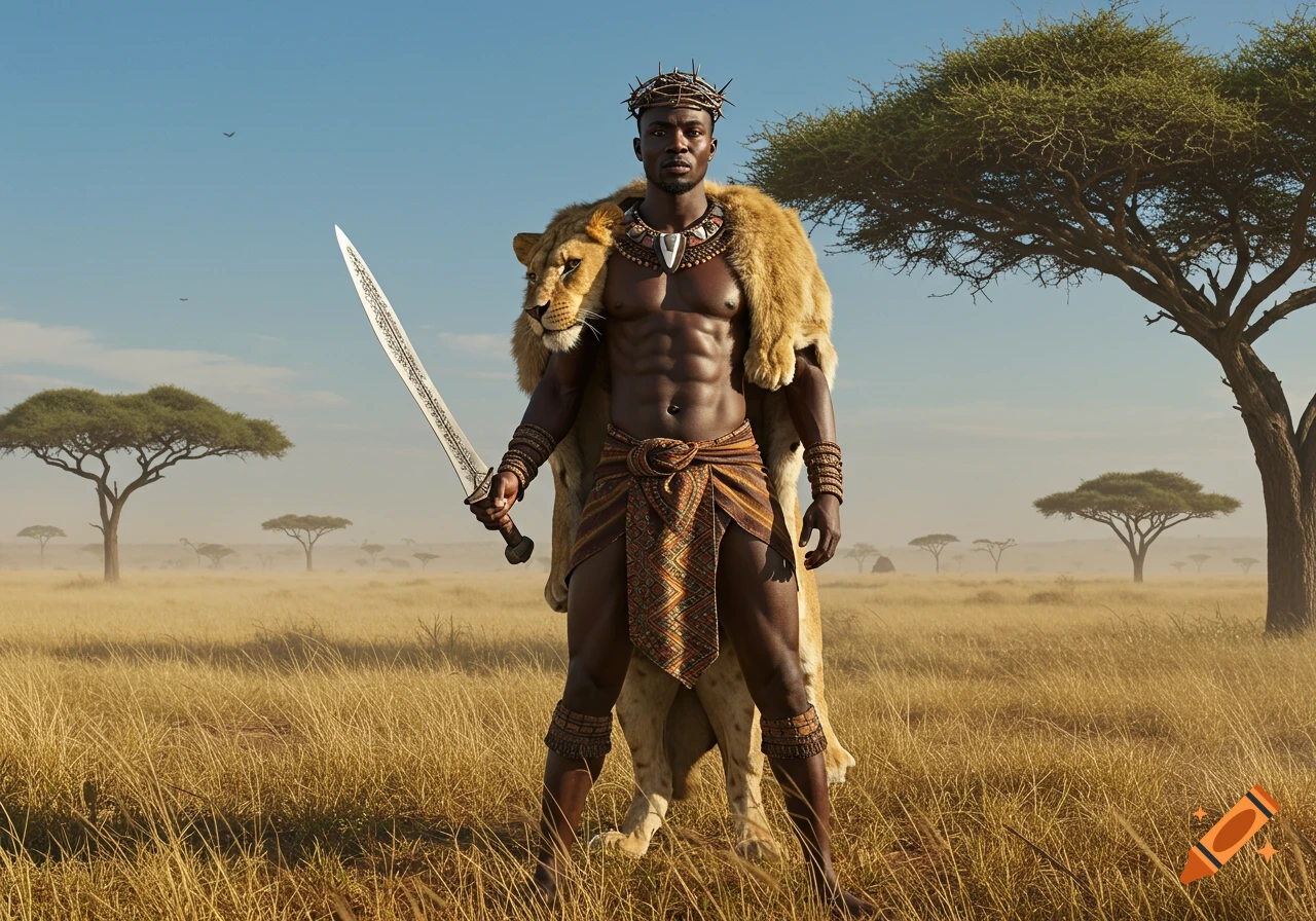 Hyperrealistic African warrior in a savanna, bare-chested, wearing a crown of thorns and lion pelt, holding a sword.