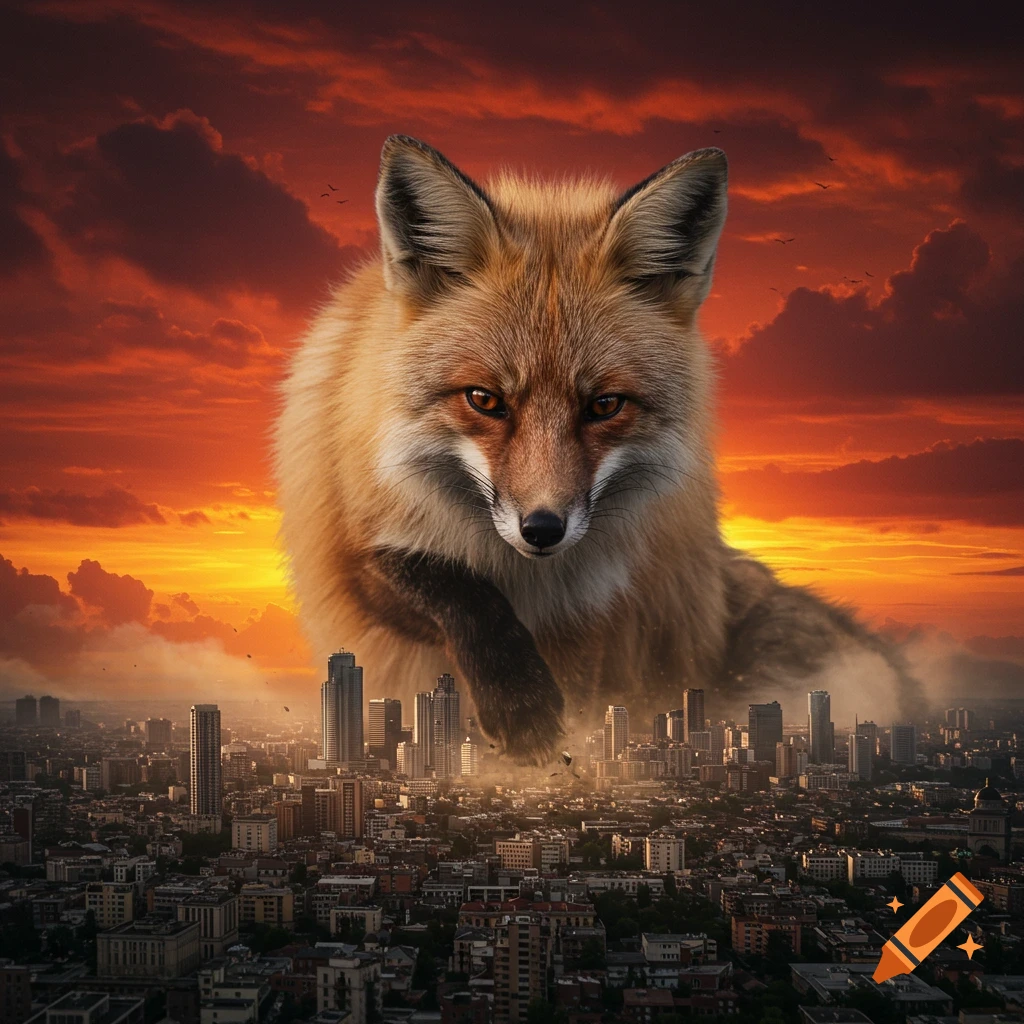 A photorealistic giant feral fox steps on a tiny city skyline under a dramatic orange and red sunset sky.