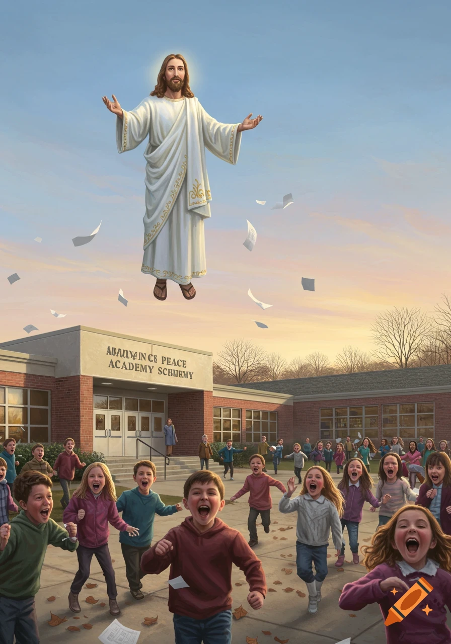 Illustration of Jesus flying above a school as many children run and scream below, with papers falling from the sky.