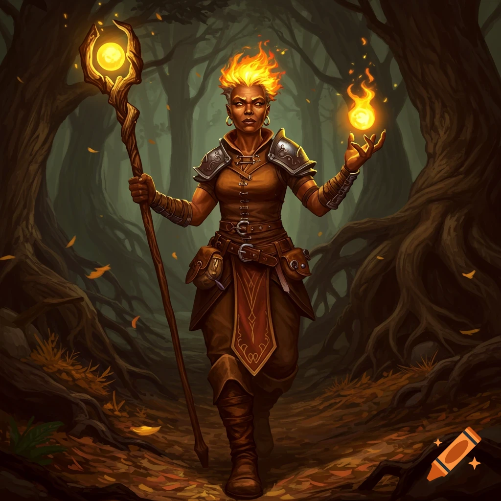 A well-muscled, dark-skinned female warlock with flaming hair, holding a glowing staff and fire orb in a dark forest.