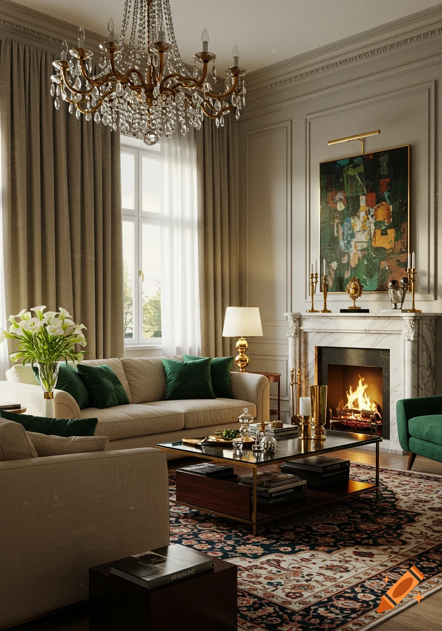 A grand living room with a crystal chandelier, beige sofas, green pillows, a marble fireplace, and an ornate rug.