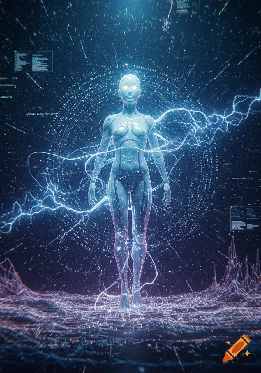 A futuristic, transparent humanoid robot stands surrounded by glowing blue lightning and digital code in a dark, ethereal environment.