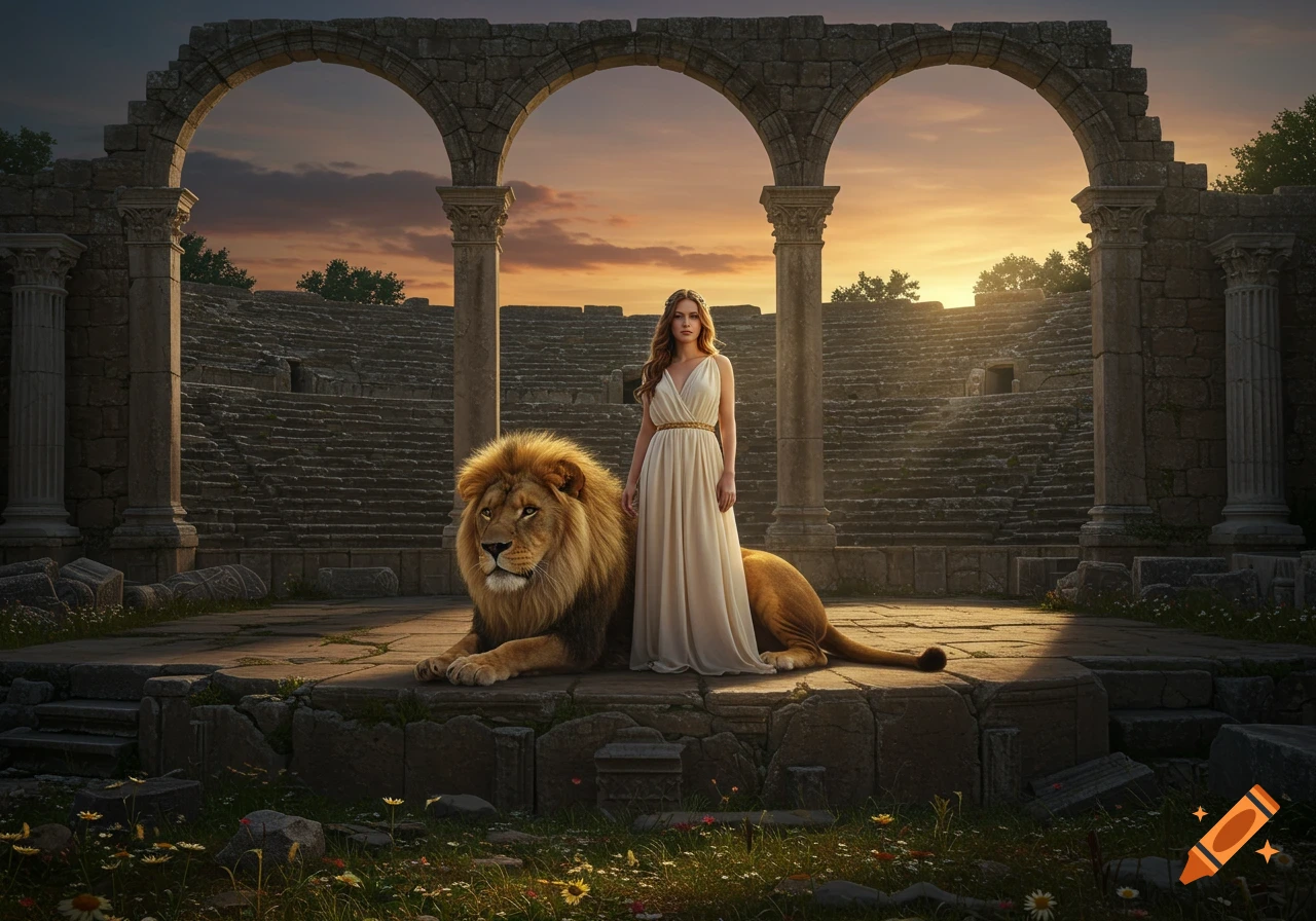 Woman in a cream dress stands beside a lion in ancient ruins at sunset.