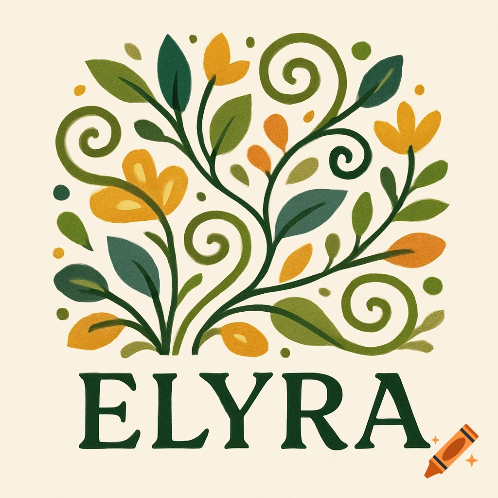 A whimsical logo with abstract green, yellow, and orange botanical elements and scrolls, with the word ELYRA in dark green text below, on a cream background.