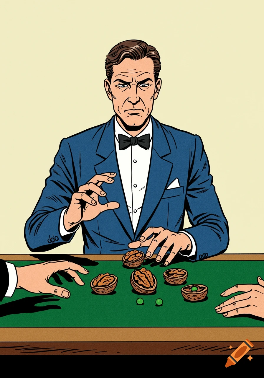 A stern man in a blue suit and bow tie plays a shell game with walnuts and peas on a green table, in a retro comic style.