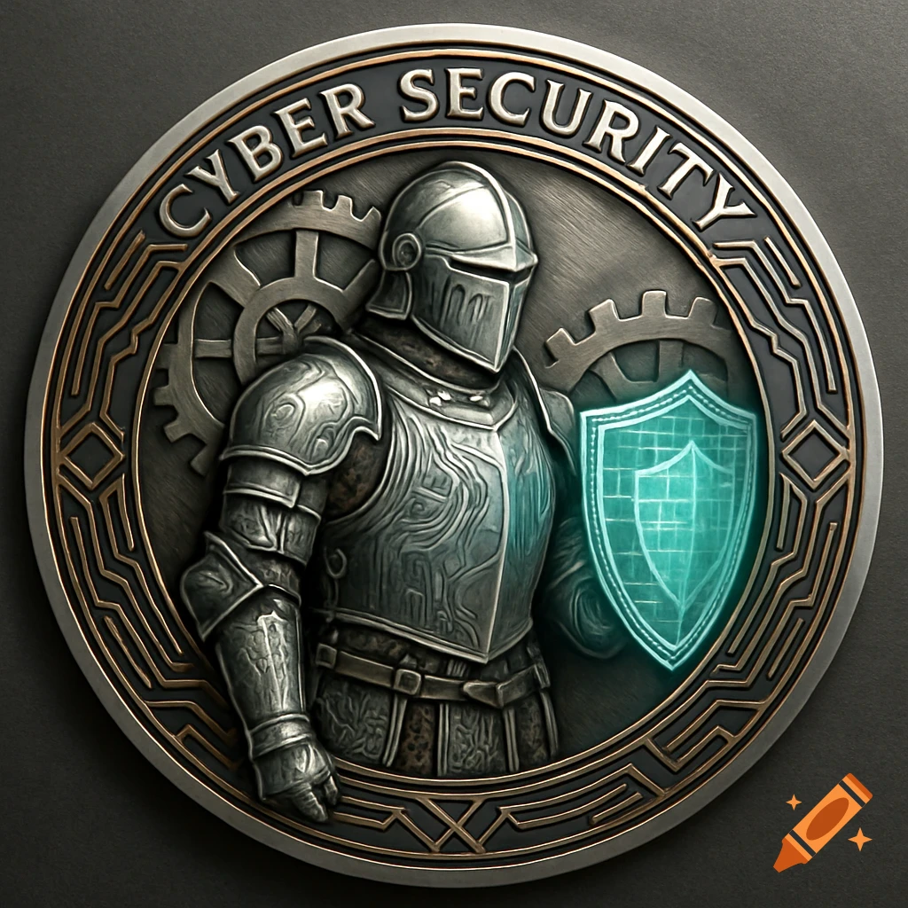 A detailed metallic coin features a knight in armor holding a glowing teal shield, with gears in the background and 'CYBER SECURITY' text.