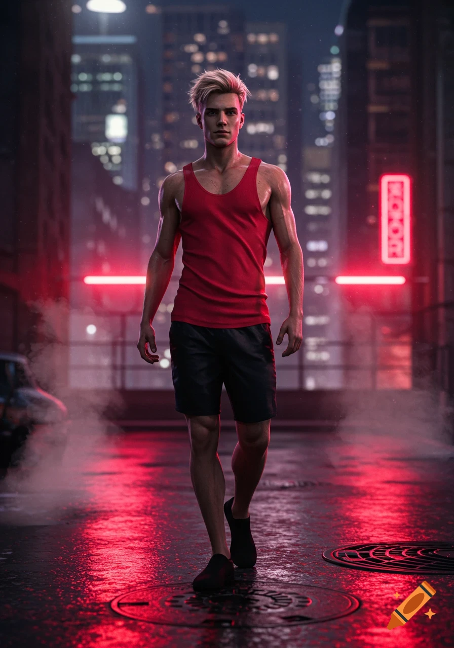 A blonde man in a red tank top and black shorts walks on a wet city street at night, illuminated by red neon lights.