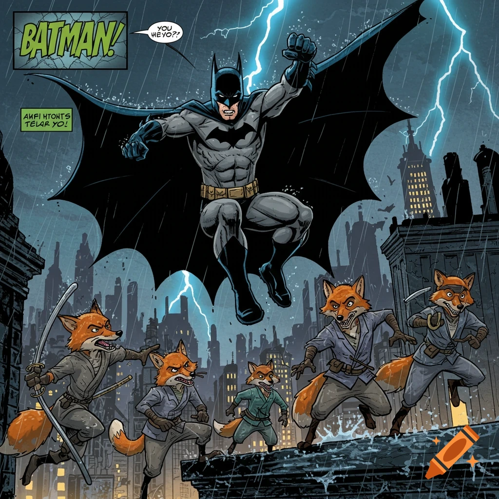 Batman battles anthropomorphic foxes with weapons on a rainy city rooftop in comic book art style.